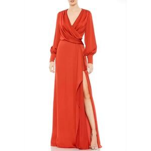 Mac Duggal 26895 Satin Long Sleeve Column Evening Gown Brick Red Size 4 Dress